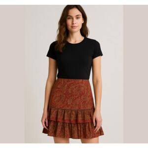 Ralph Lauren Chaps Denim Skirt 6 Peasant Red Green Ruffle Tier Boho Rust Paisley